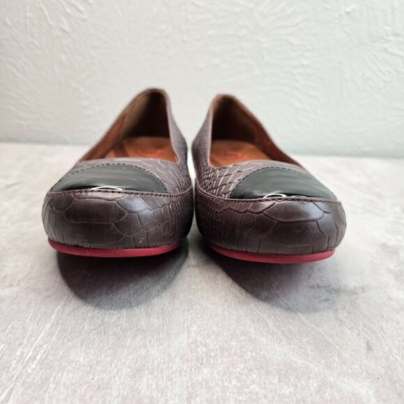 Fitflop Ballet Flats Brown Leather Croc Embossed Slip On Low Wedge Comfort Shoes - Picture 3 of 10